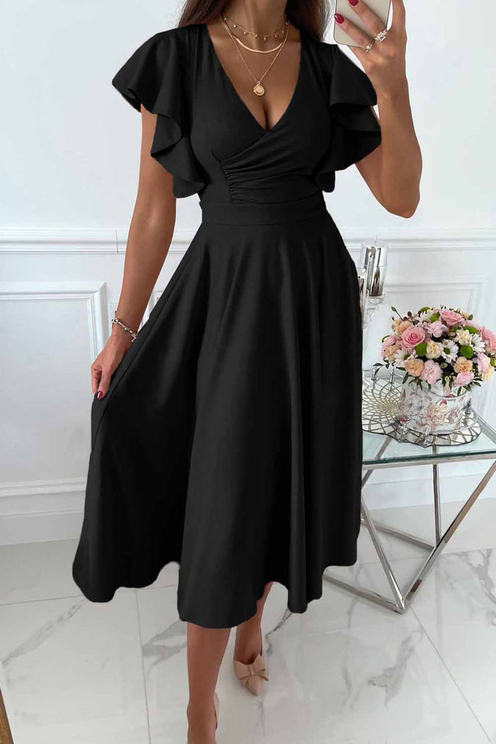 Ruffle Sleeve Fitted A-Line Midi Dress