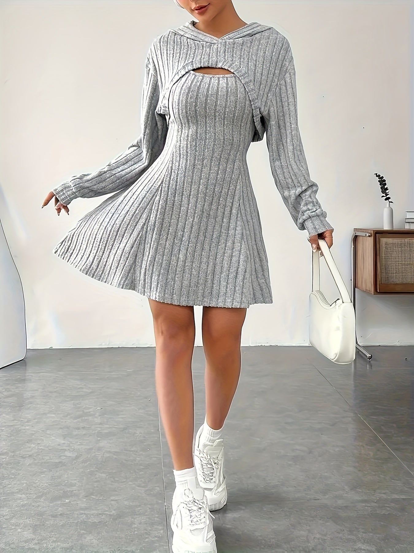 Two-piece ribbed knit skater dress with cropped hooded cardigan for women