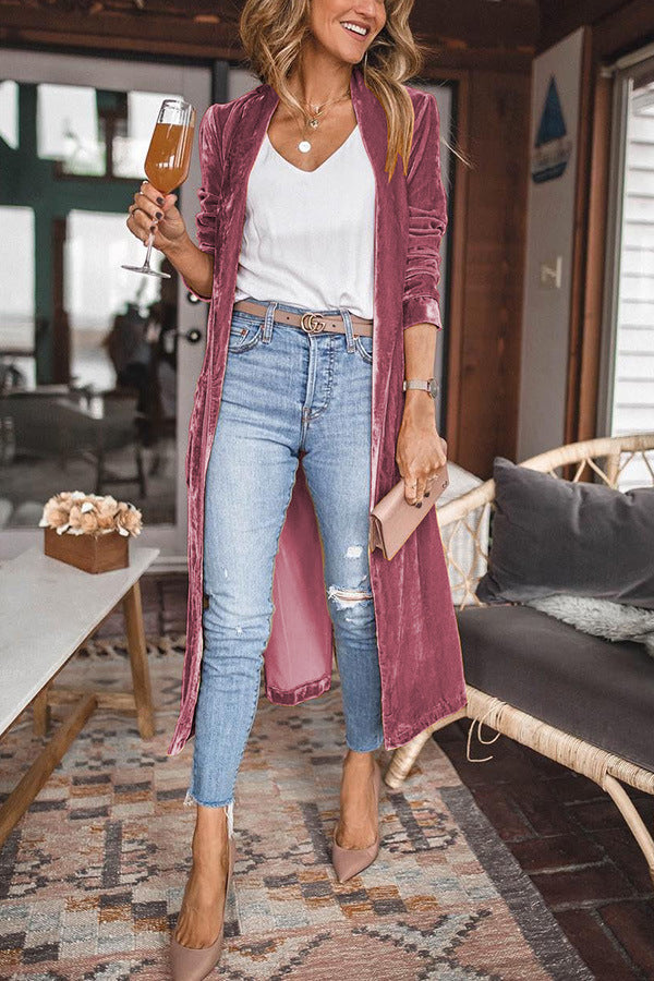 Women’s Long Velvet Duster – Open Front – Elegant Lightweight Layer – Full Sleeve