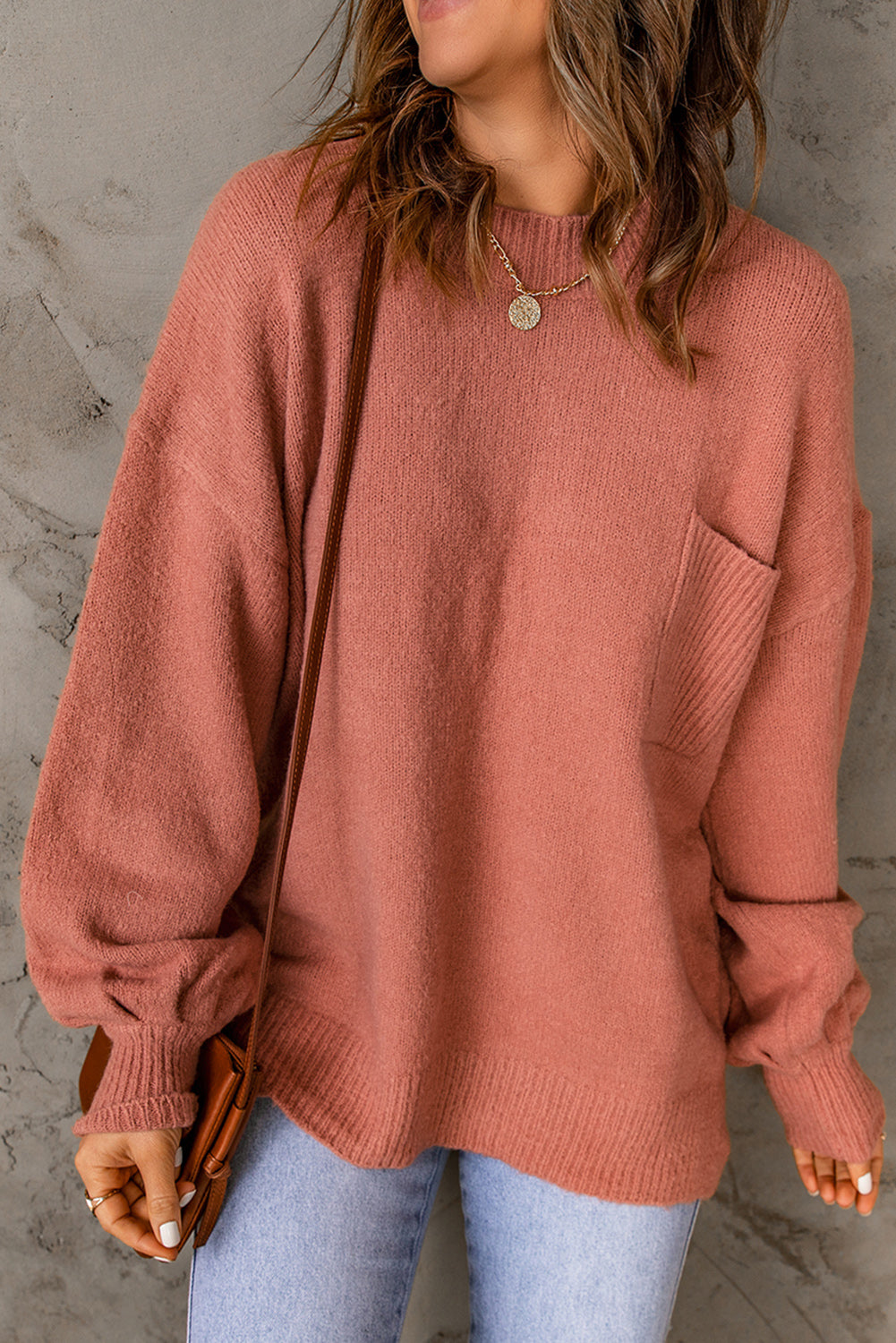 Valkerie - top sweater ribbed trim lantern sleeve pocketed