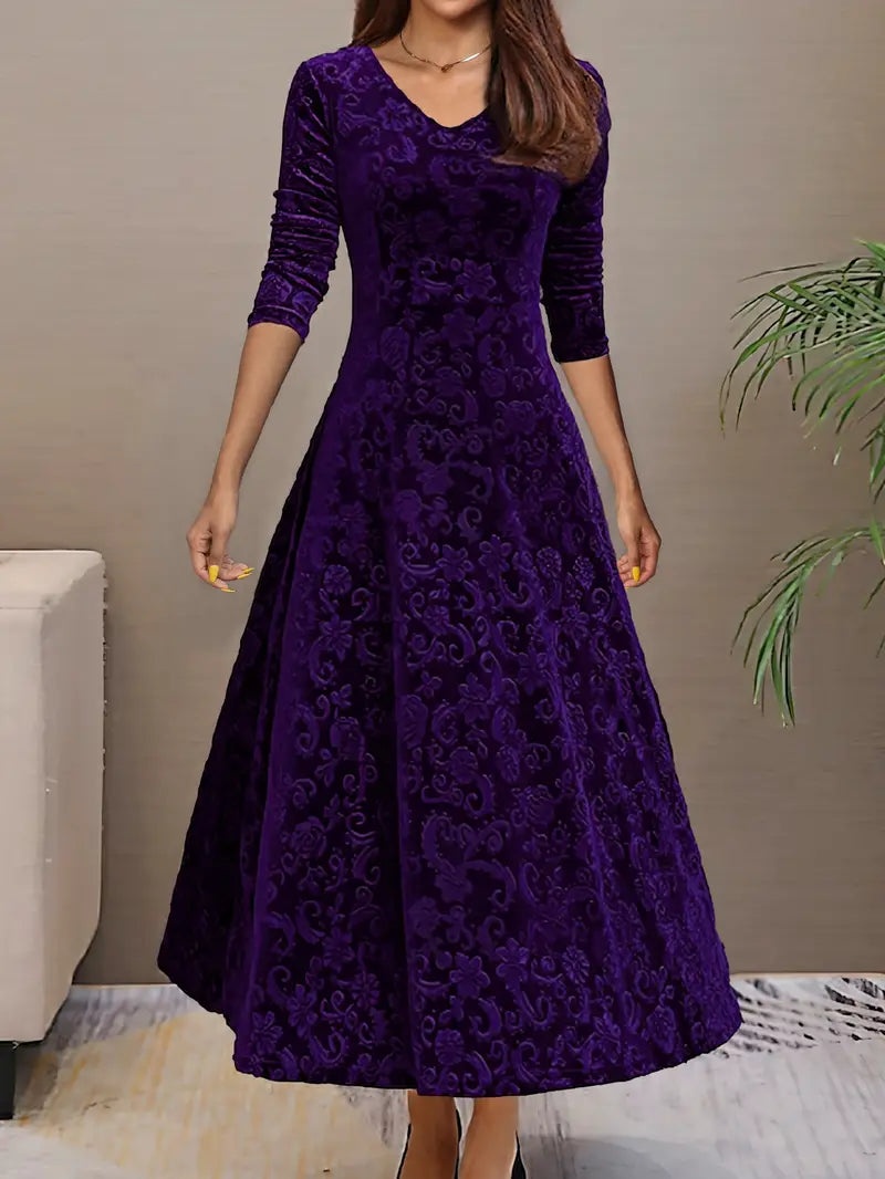 Women's Evening Dress - Velvet A-Line - V-Neck - Three-Quarter Sleeve - Maxi Length