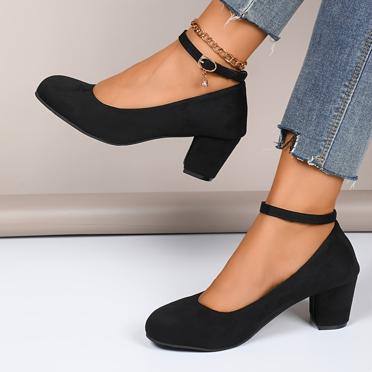 Women's Block Heel Pumps - Closed Toe - Soft-Brushed Look - Ankle Strap Buckle Closure