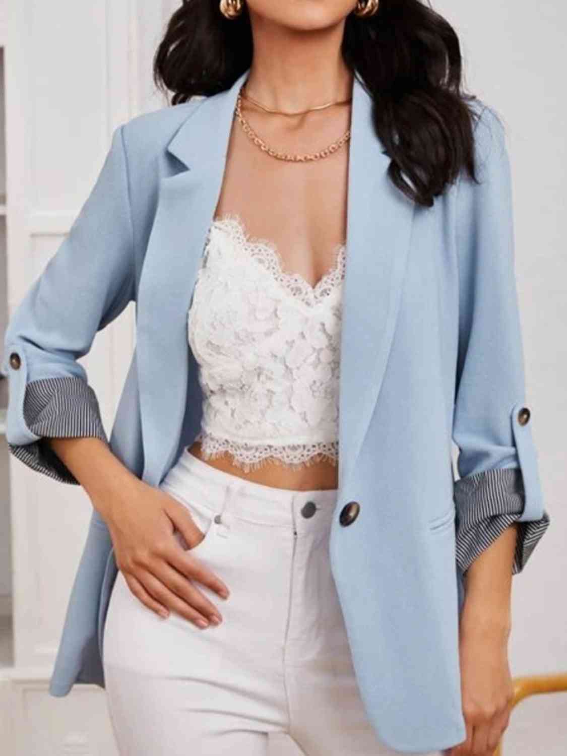 Women's Tailored Blazer - Notched Lapel - Three-Quarter Roll-Tab Sleeves - Open Front