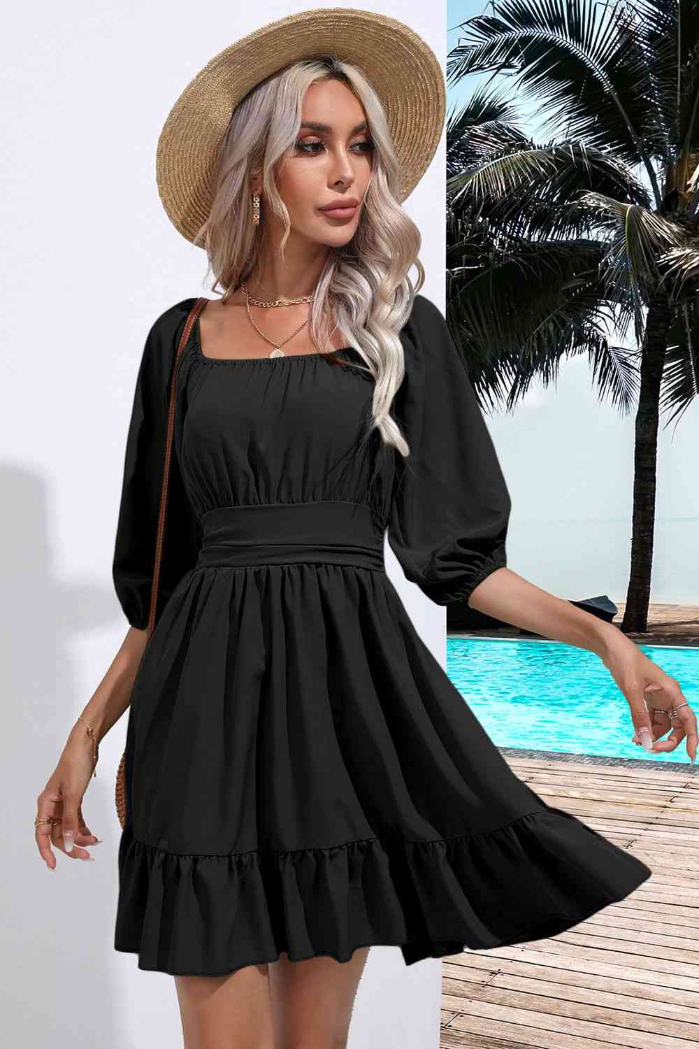 Women's A-Line Dress - Square Neck - 3/4 Sleeve - Ruched Bodice - Tiered Hem