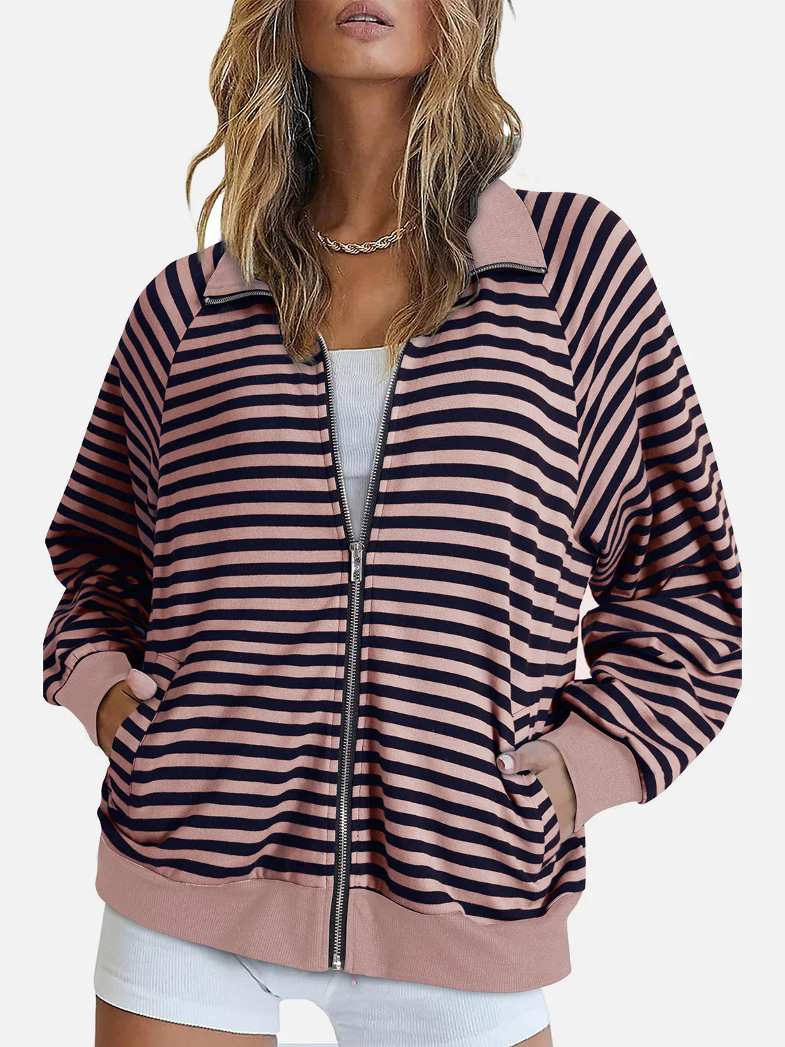 Women’s Zip-Up Jacket – Striped – Relaxed Fit – Collared – Ribbed Cuffs – Front Pockets