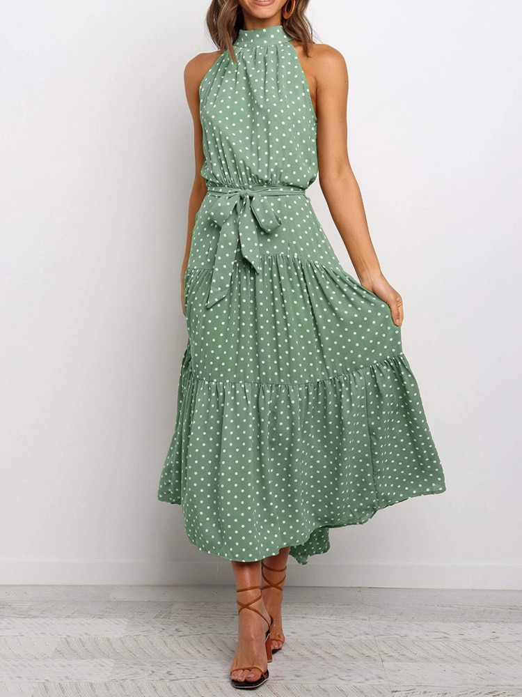 Women’s Halter Midi Dress – Fit-and-Flare – Polka Dot – Waist Tie – Breathable Blend