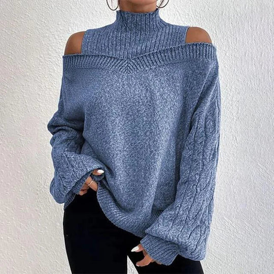 Off-Shoulder Loose Knit Half-Turtleneck Sweater