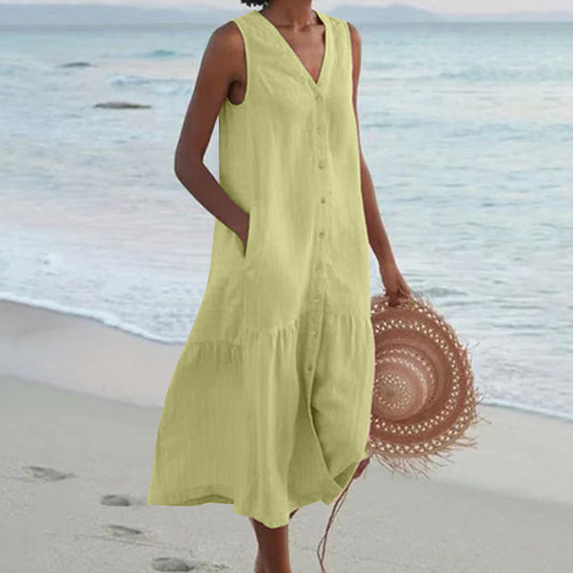 Women's Midi Dress - Sleeveless V-Neck - Button-Down with Pockets - Relaxed Fit