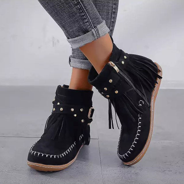 Women's fringe flat rivet belt buckle boots