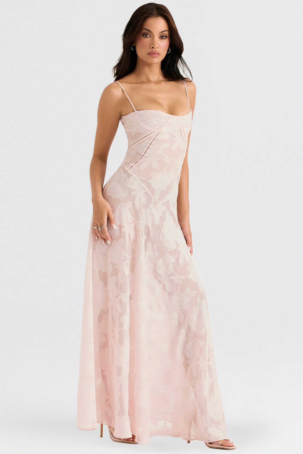 Women's Evening Gown - Floral Sheer Overlay - Spaghetti Straps - Sweetheart Neckline