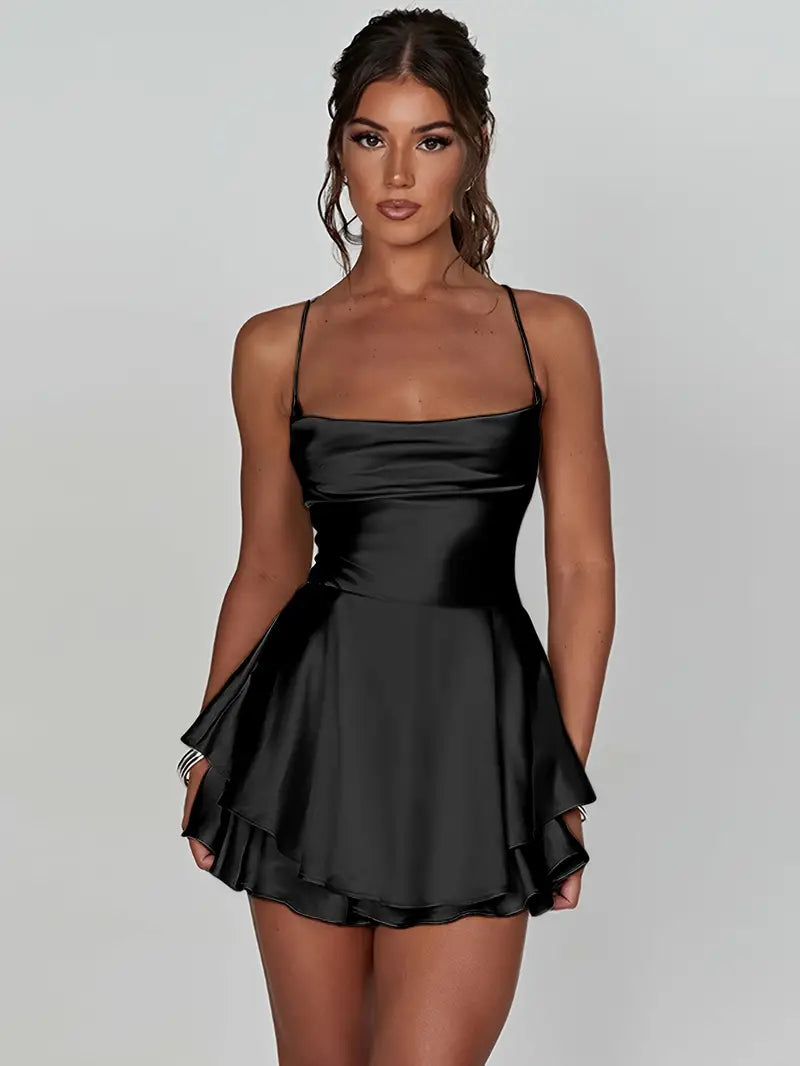 Women's Satin Mini Dress - Spaghetti Strap - Fitted Bodice - Elegant Evening Wear