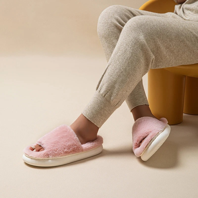 Women's thick plush open toe fur slippers