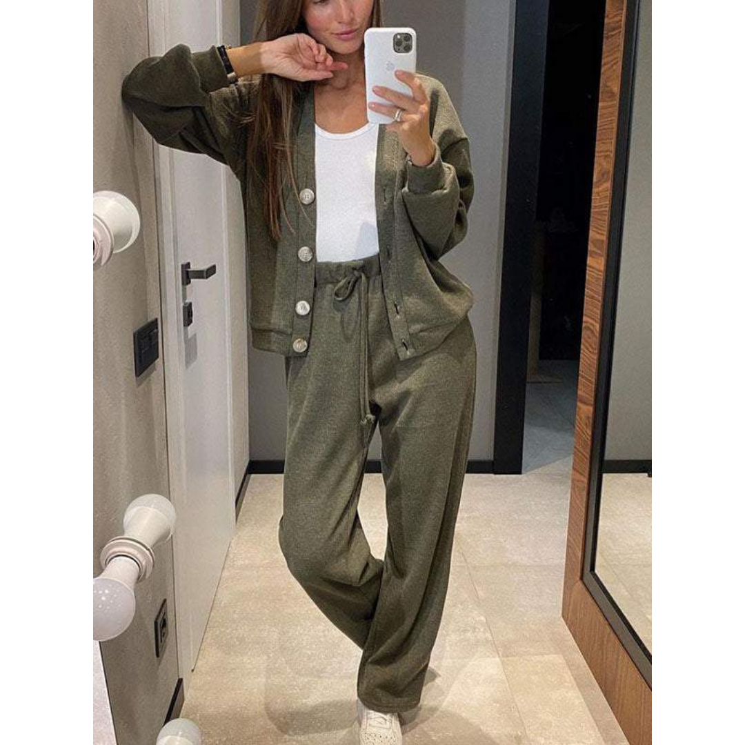 Women's v-neck button-down cardigan and drawstring sweatpants set