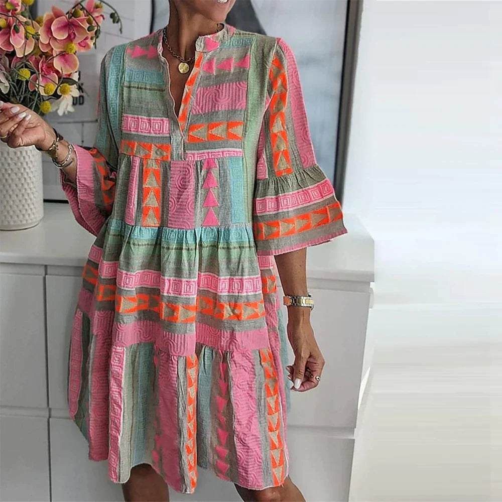 Women's Bohemian Midi Dress - Loose Fit - Tiered Layers - Lightweight Casual Wear