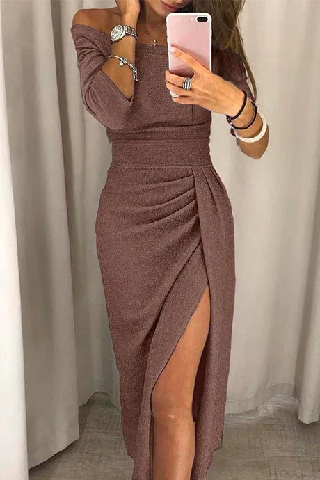 Women's Evening Dress - Off-Shoulder - Ruched Fit - High Slit - Shimmer Finish