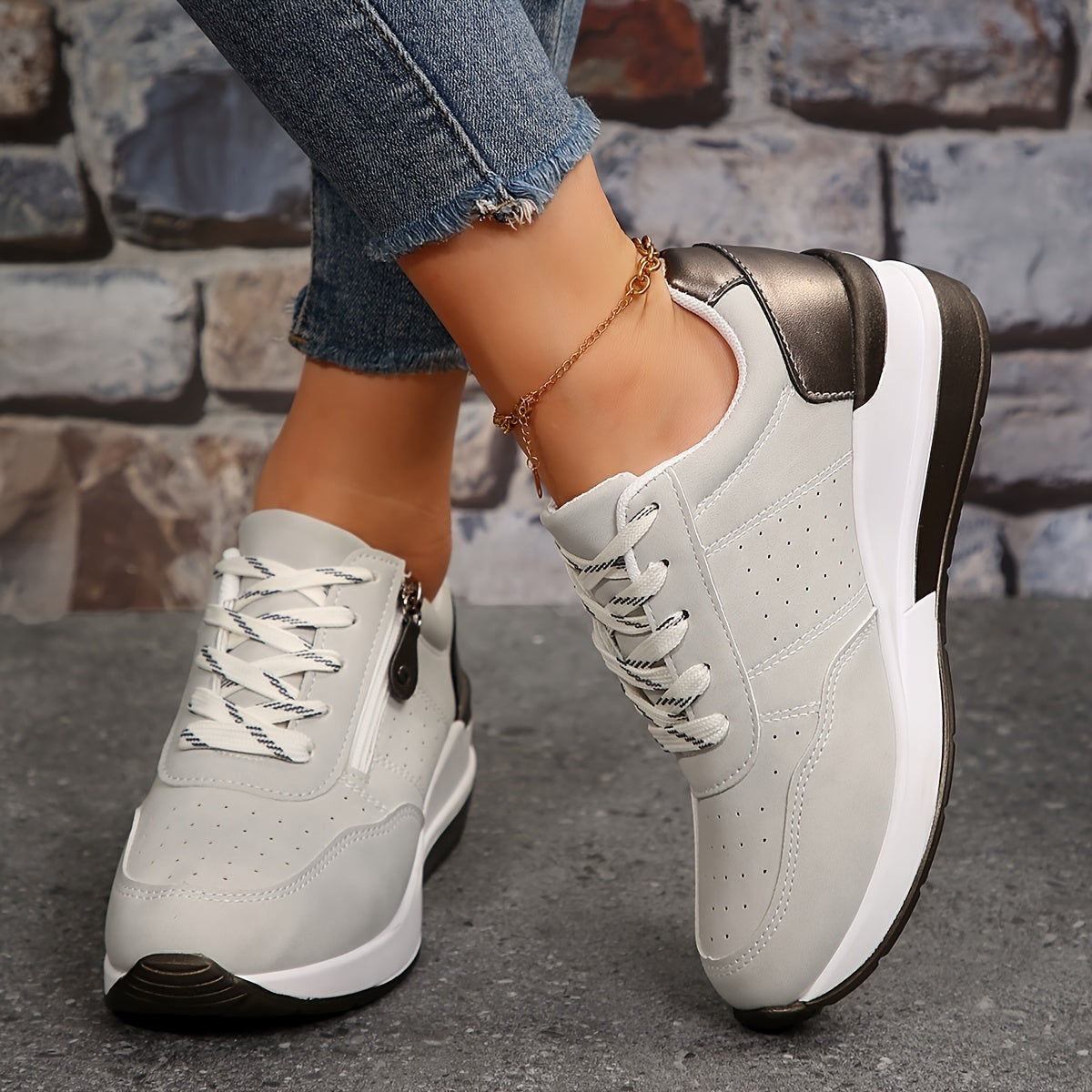 Women's Low-Top Sneakers - Lace-Up - Perforated Design - Cushioned Rubber Sole