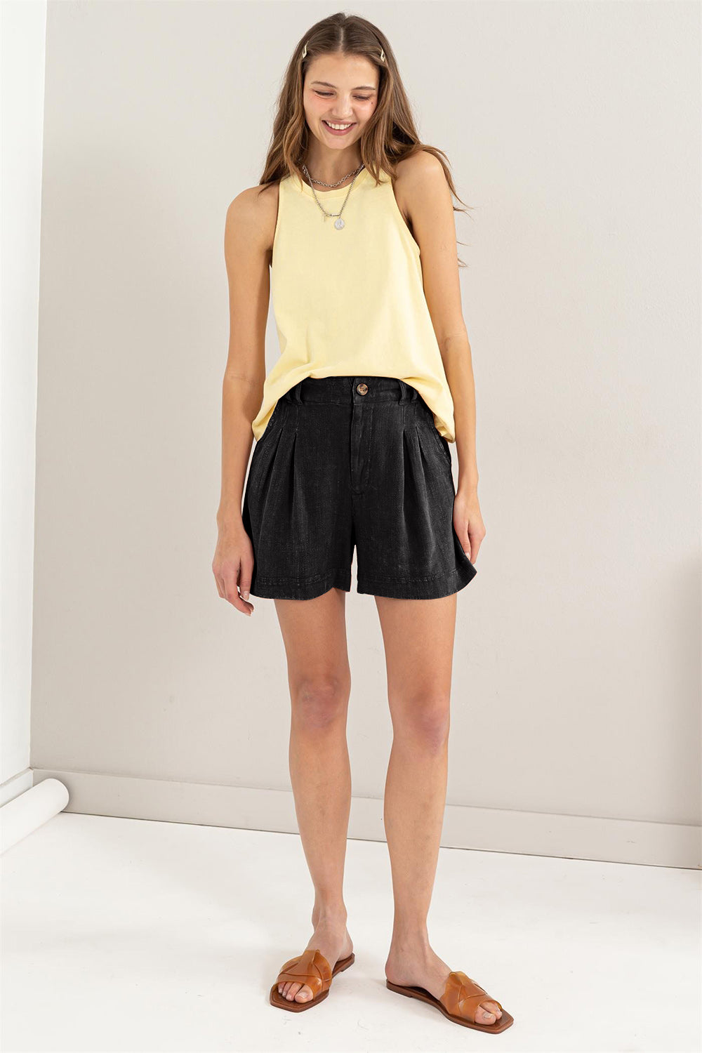 High-Waisted Pleated Front Button Shorts
