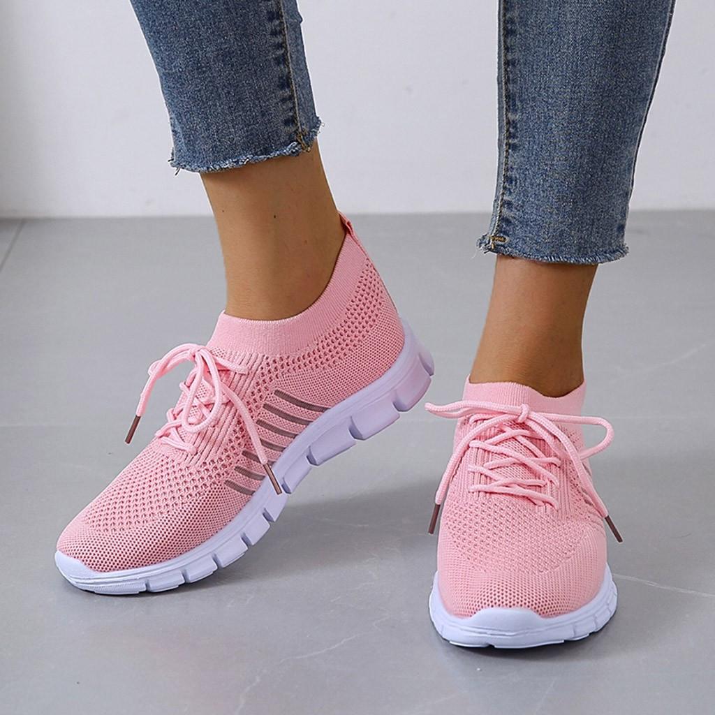 Women's Sneakers - Lightweight Breathable Knit - Slip-On Lace-Up - Cushioned Sole