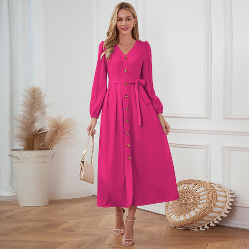 Women's Maxi Dress - V-Neck Button Front - Long Sleeve Tie Waist Flowy Fit