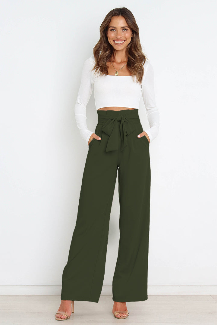 Women’s Wide-Leg Trousers – High Waist – Tailored Fit – Bow Waist Detail – Flowy Fabric