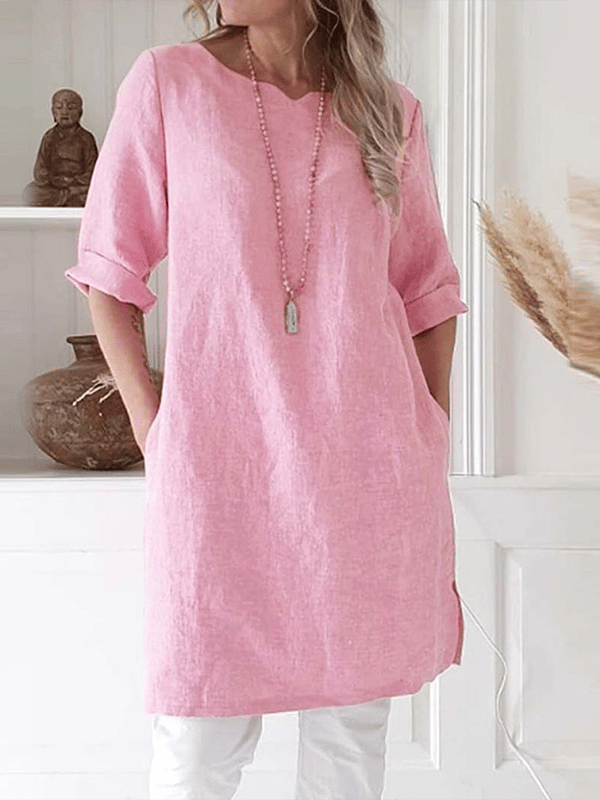 Women's Tunic Dress - Lightweight Linen Blend - Loose Fit with Pockets - 3/4 Sleeve