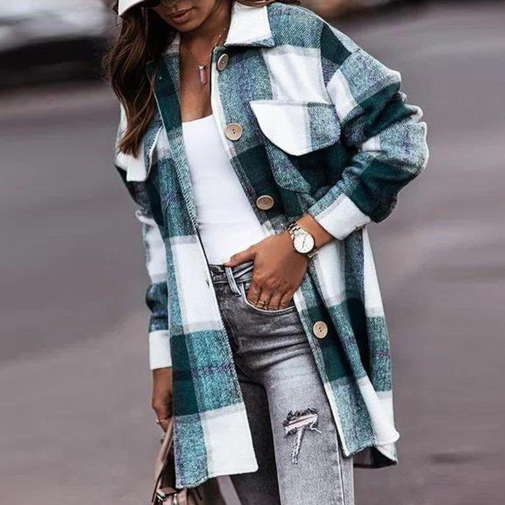 Plaid button-up shacket for women