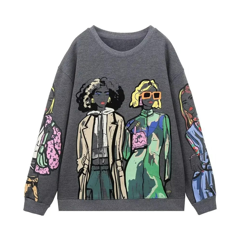 Women's spring loose round neck printed sweatshirt