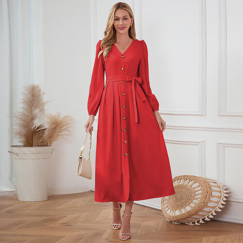 Women's Maxi Dress - V-Neck Button Front - Long Sleeve Tie Waist Flowy Fit