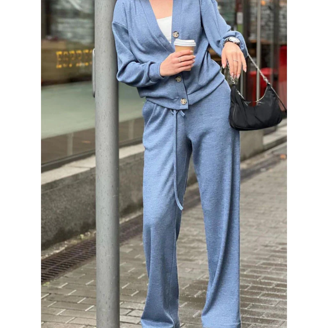 Women's v-neck button-down cardigan and drawstring sweatpants set