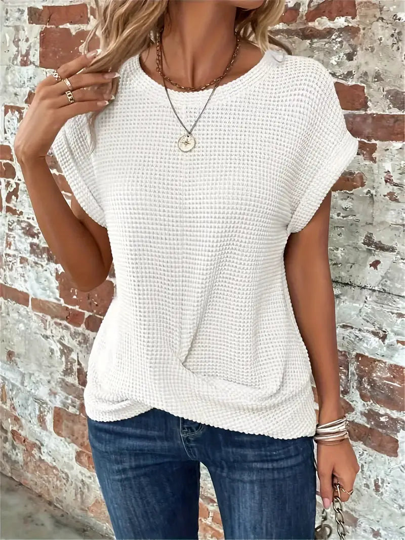Women's Casual Top - Waffle Knit - Short Sleeve Rolled Cuff - Round Neck Relaxed Fit