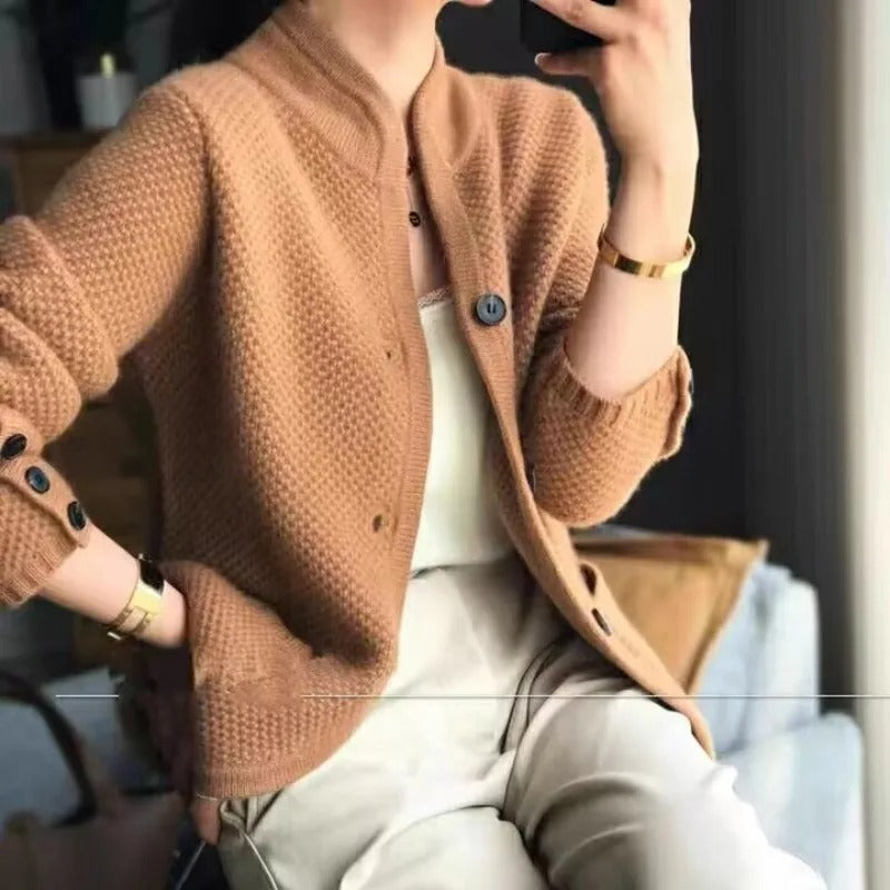 Women's Knitted Cardigan - Textured Knit - Button-Down - Relaxed Fit with Pockets