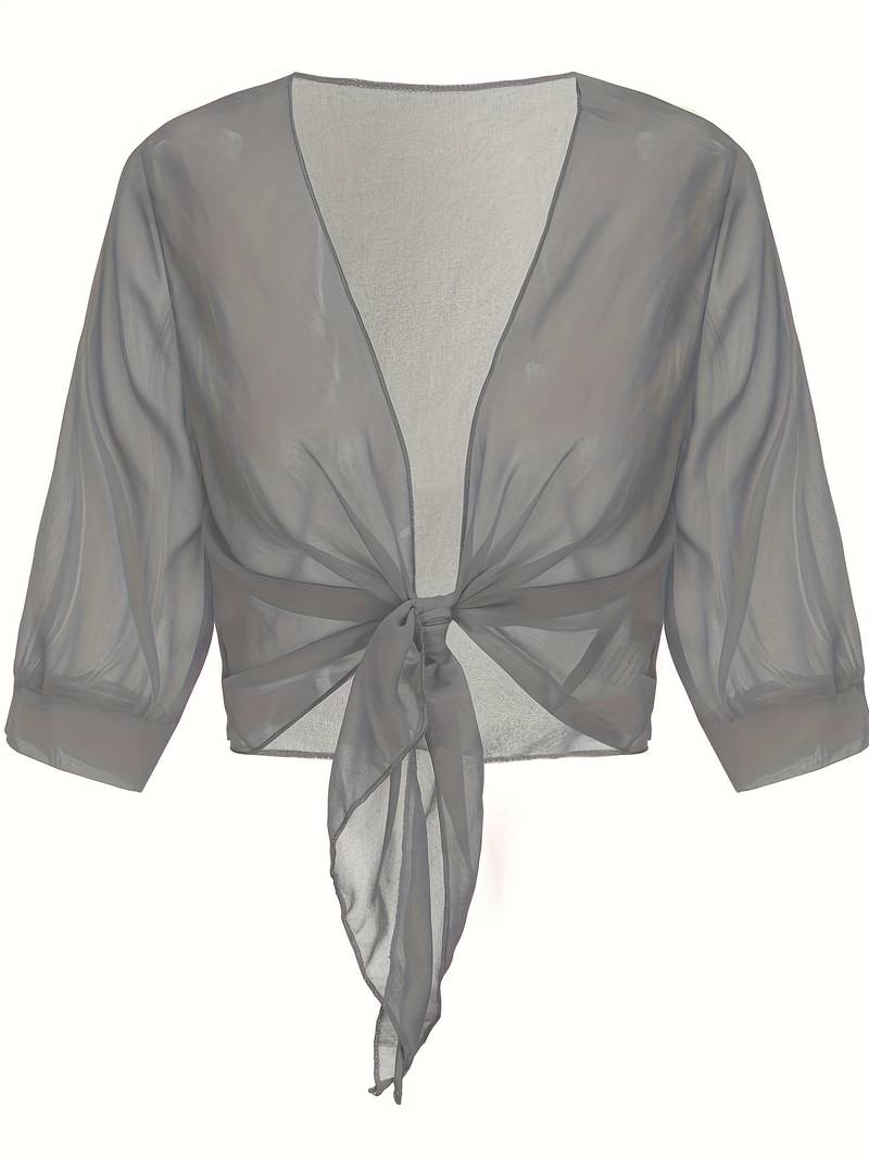 Women's Bolero Jacket - Open Front Tie Closure - Three-Quarter Sleeve Layering Piece