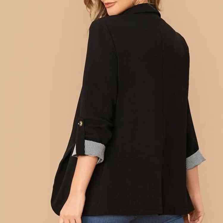 Women's Tailored Blazer - Notched Lapel - Three-Quarter Roll-Tab Sleeves - Open Front