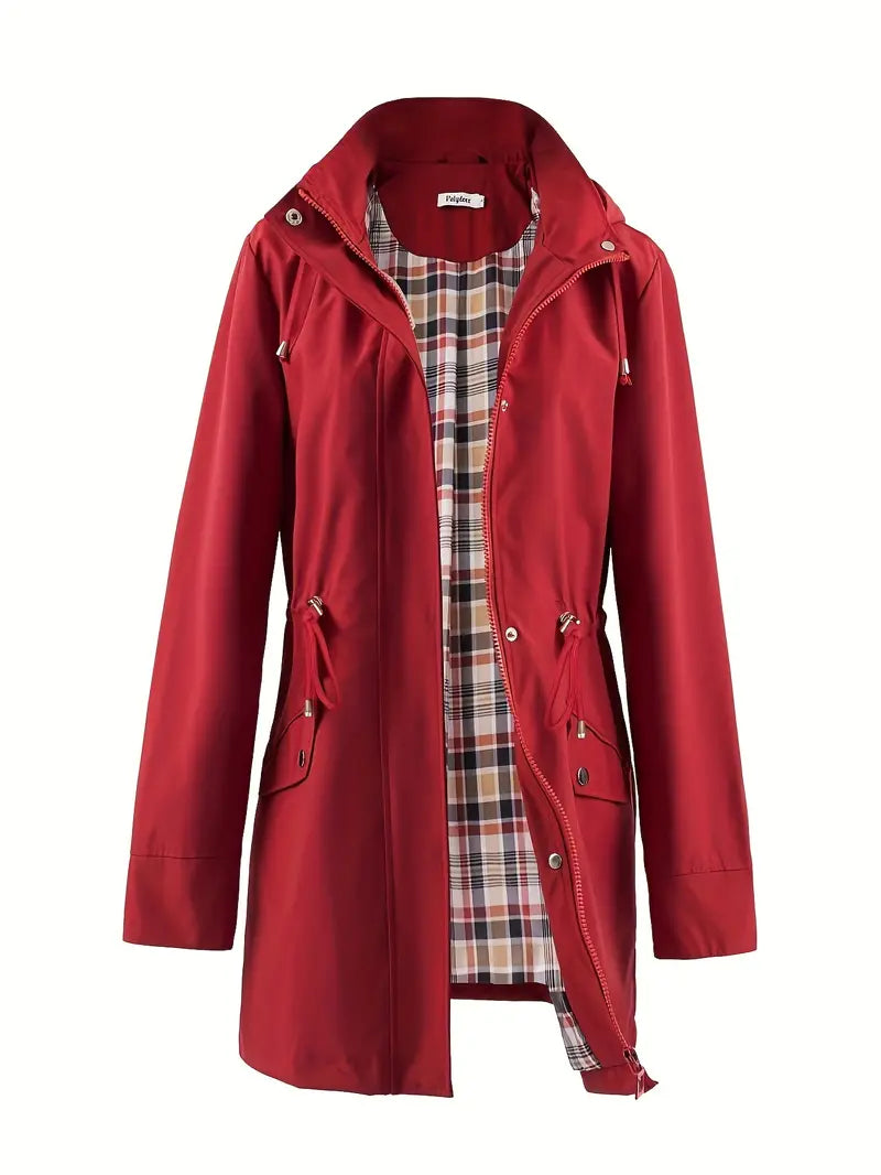 Women's casual windproof plaid hooded trench coat