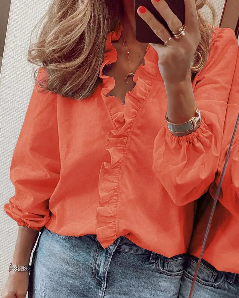 Ruffle V-Neck Long Sleeve Top