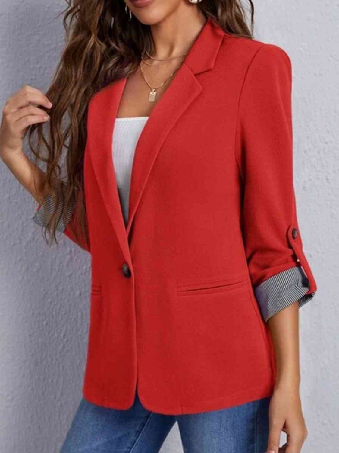 Women's Tailored Blazer - Notched Lapel - Three-Quarter Roll-Tab Sleeves - Open Front