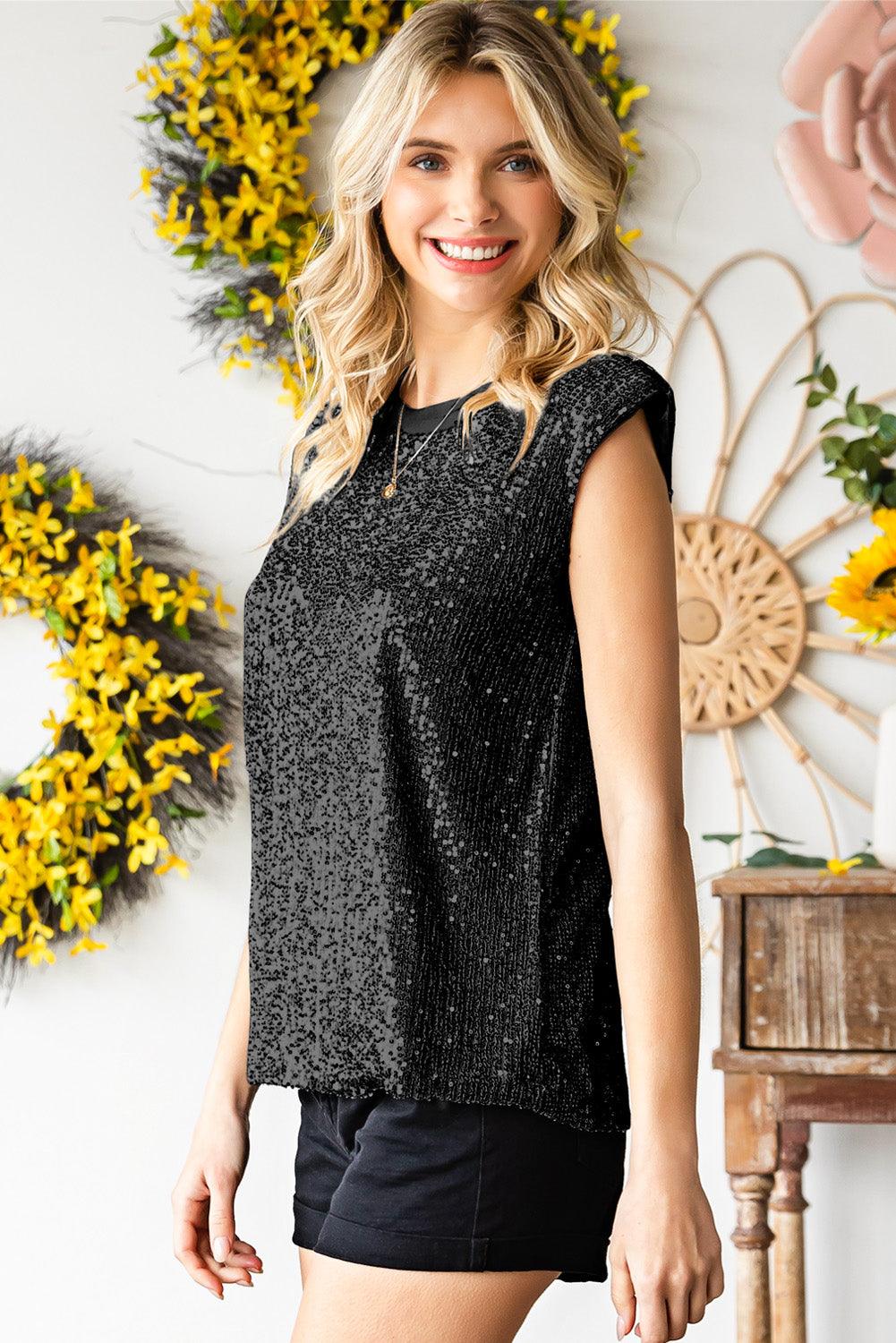 Women's sequin capped sleeve tank top