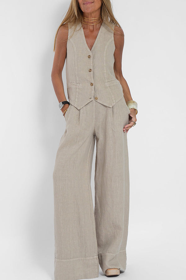 Women's Linen Outfit Set - Sleeveless V-Neck Button Front - Wide-Leg Relaxed Fit - With Pockets