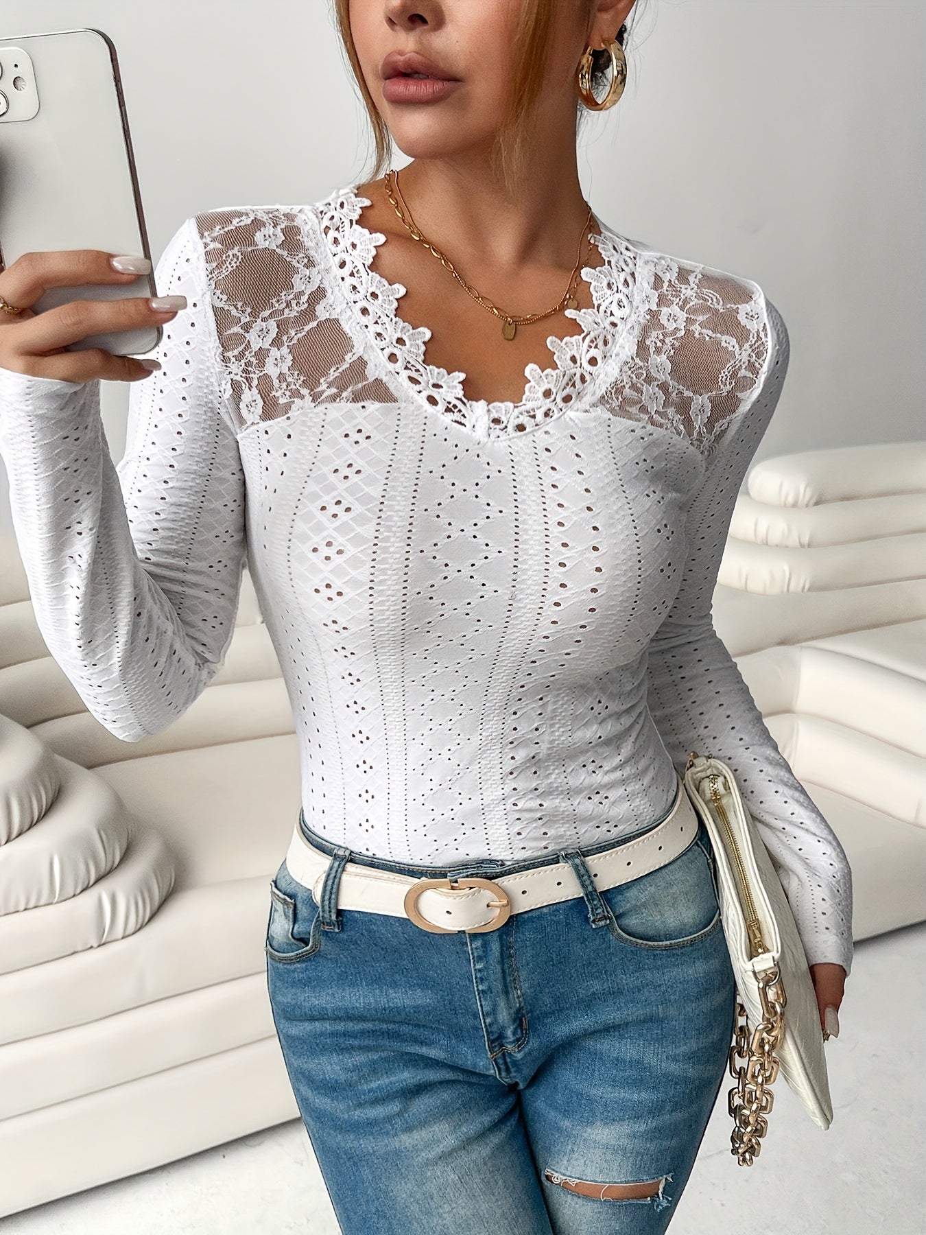 Women's Lace Blouse - V-Neck Long Sleeve - Fitted Floral Embroidered Elegant Top