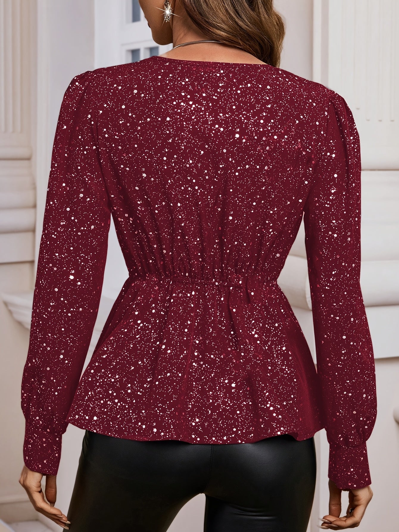 V-neck long-sleeved asymmetrical hem peplum top for women