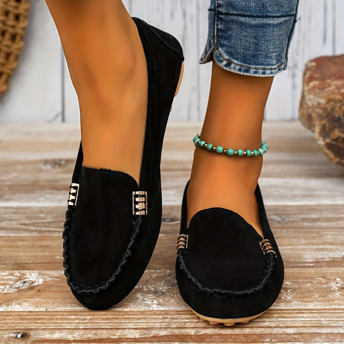 Slip-on moccasin loafers with decorative stitching for women