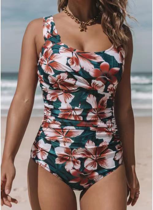 Women's One-Piece Swimsuit - Floral Print - Asymmetrical One-Shoulder - Ruched Design
