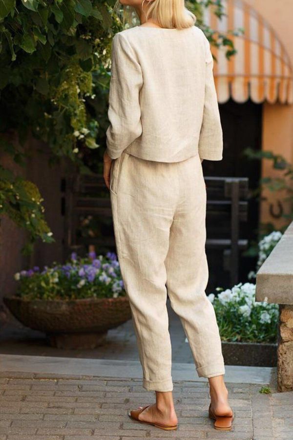 Women’s Two-Piece Set – Relaxed Fit – Long Sleeve Top – Tapered Pull-On Pants