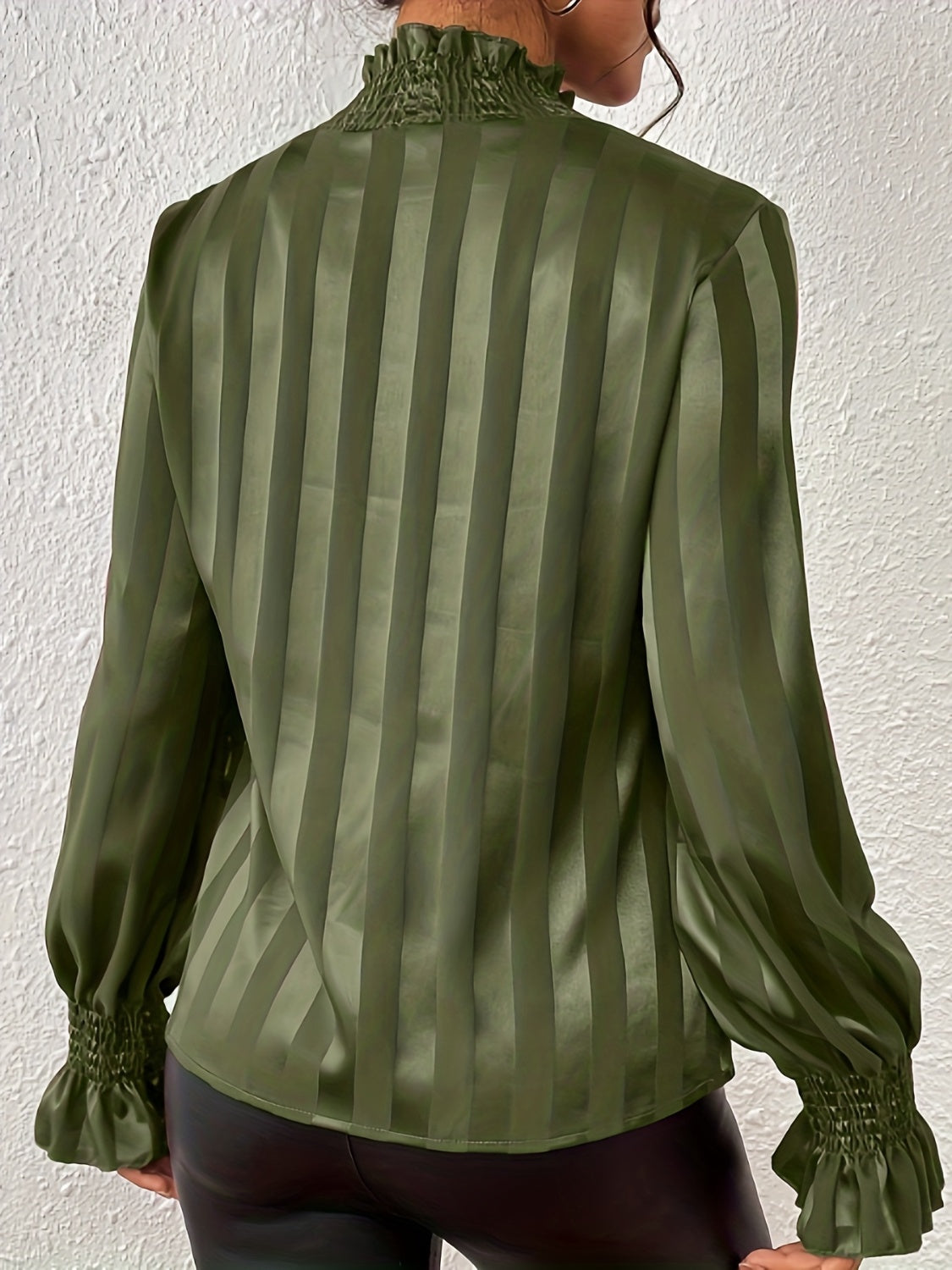 Women's Blouse - High Smocked Neck - Long Sleeve Ruffle Cuffs - Glossy Finish