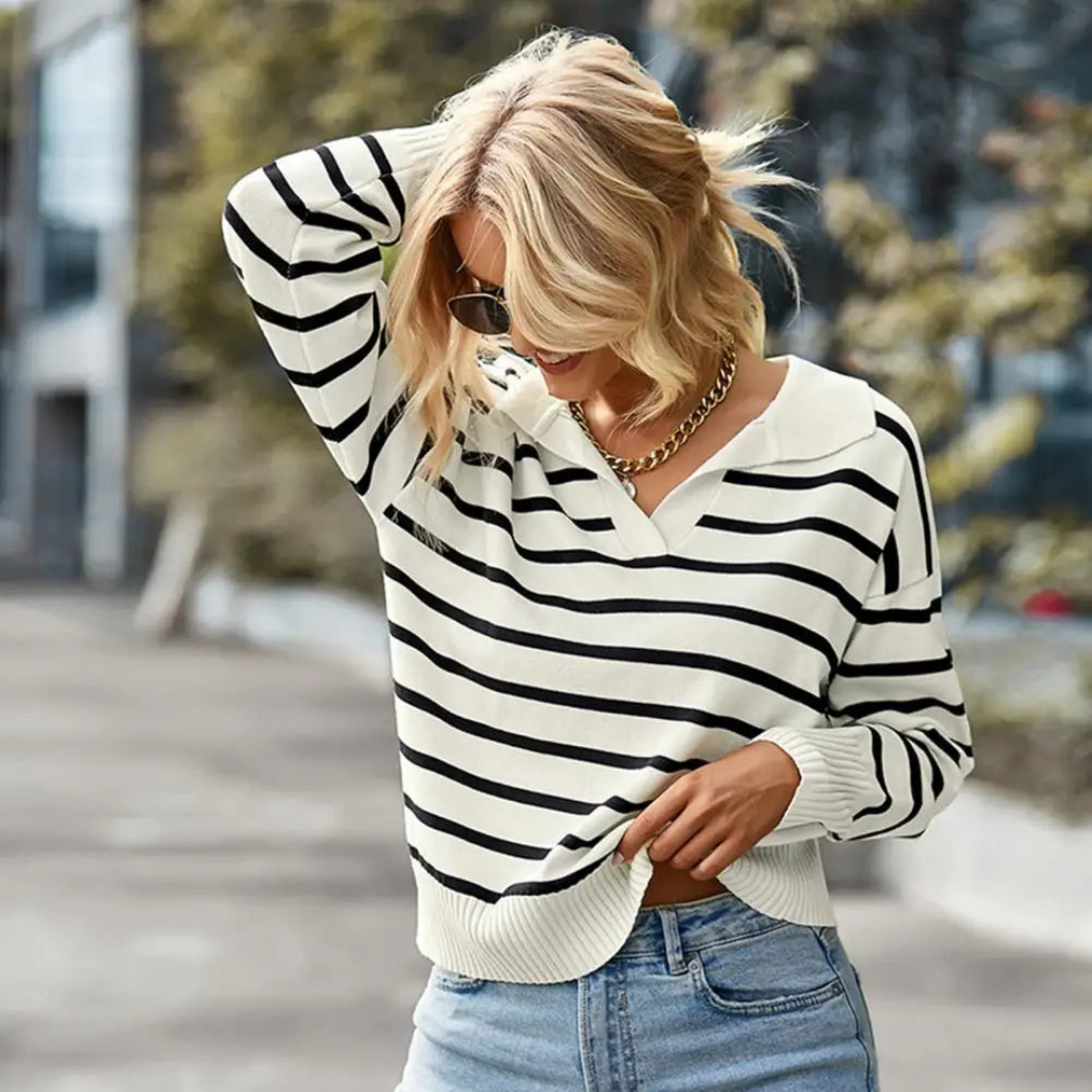 Women's Pullover Sweater - Striped - Collared V-Neck - Long Sleeve Ribbed Knit
