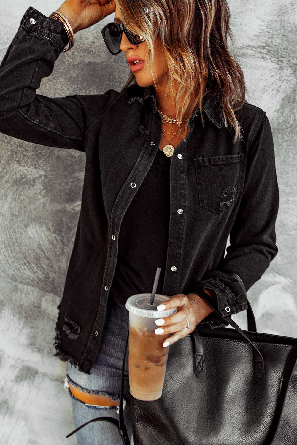 Ripped long sleeve denim jacket for women