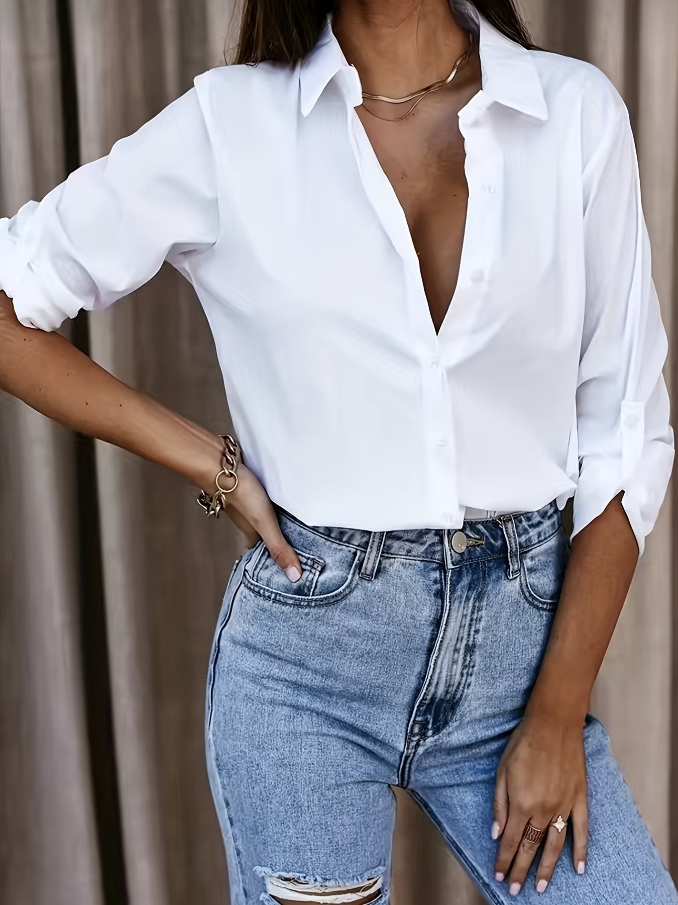 Women’s Button-Up Shirt – 100% Cotton – Oversized Fit – Long Sleeve Casual Wear