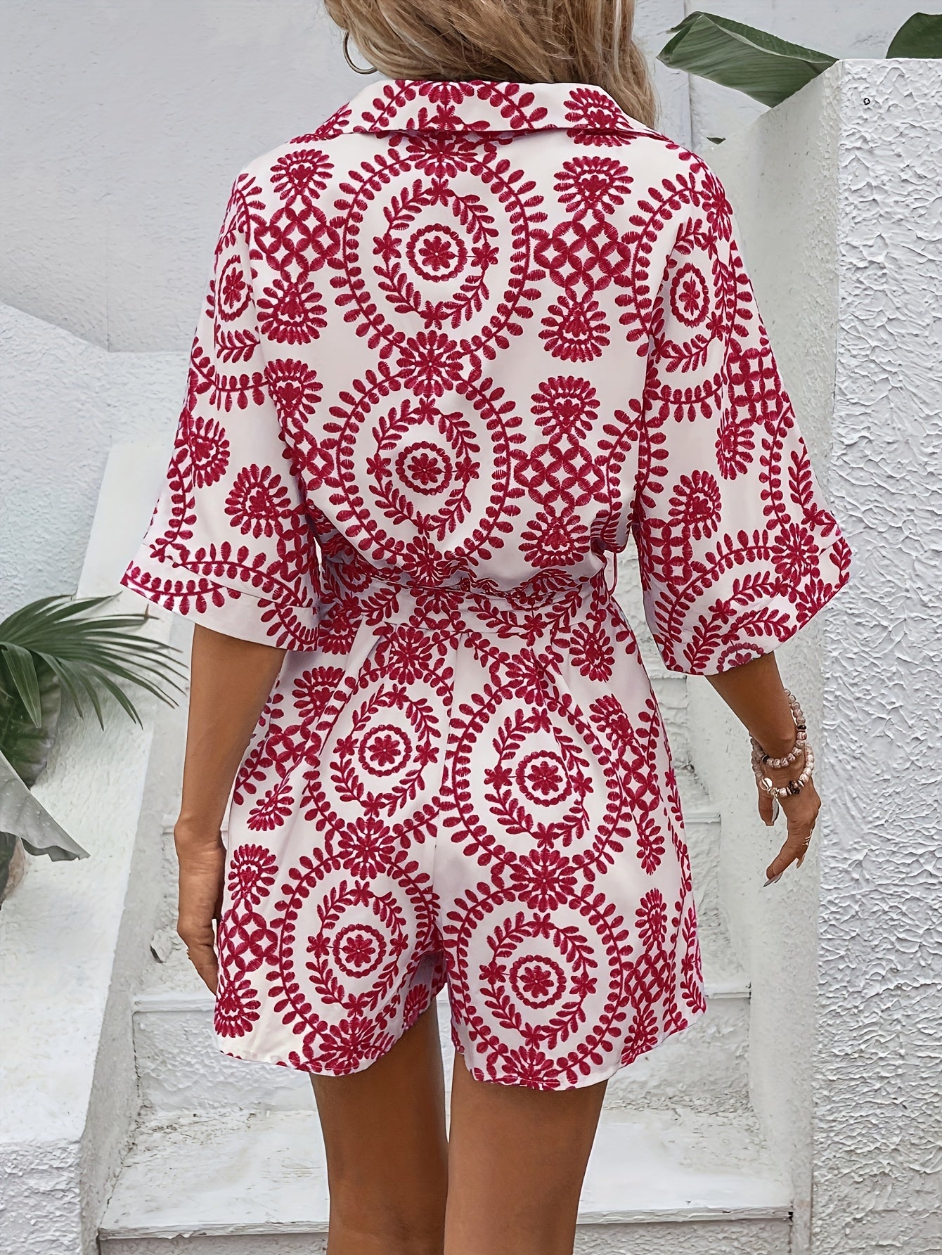 Women’s Romper - Button-Up Collared Neck - Short Sleeve - Tie-Waist Casual Wear