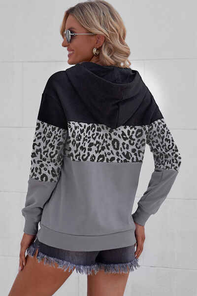 Women’s Hoodie - Leopard Print Block Design - Relaxed Fit - Kangaroo Pocket