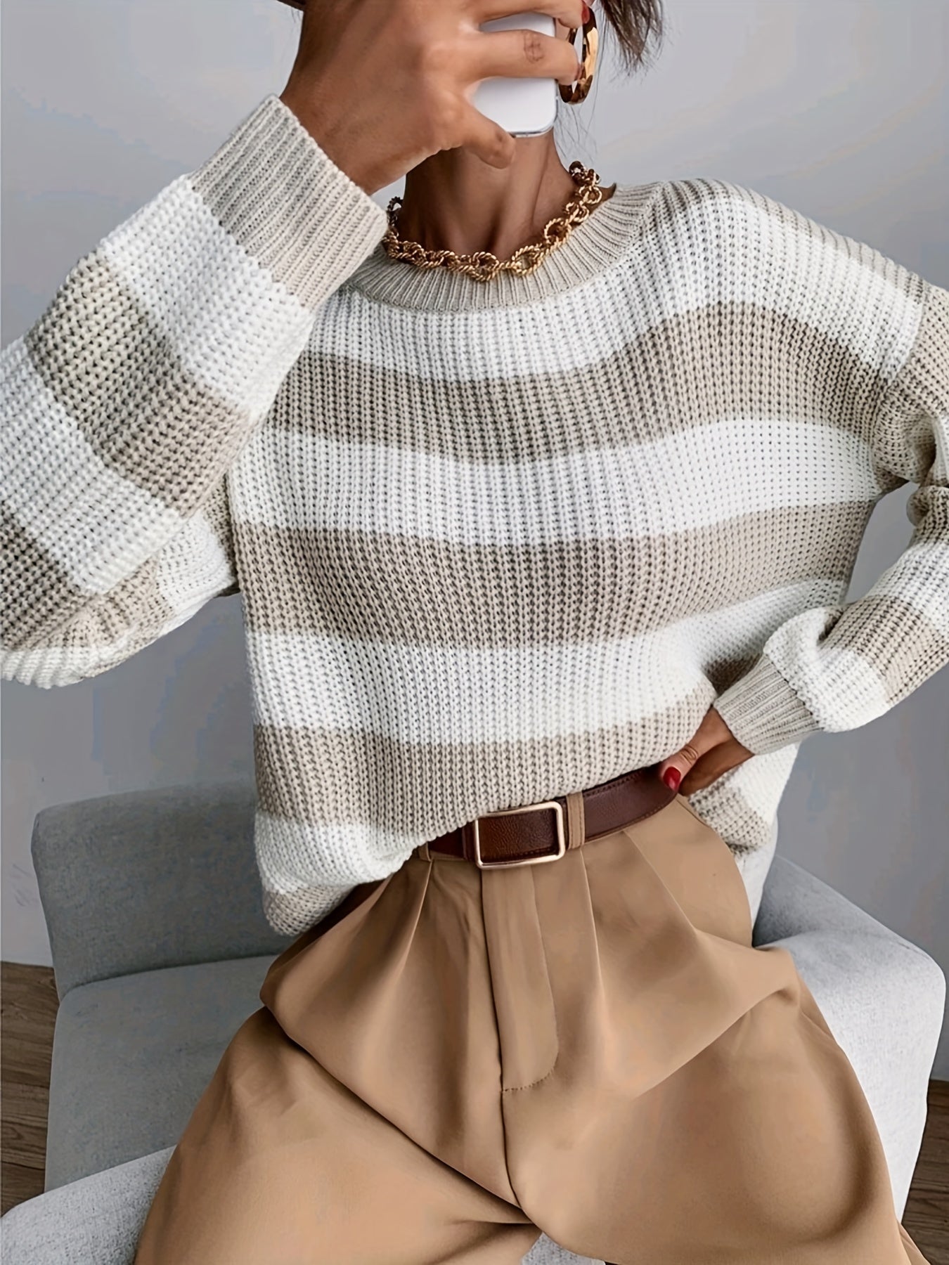 Loose Fit Striped Knit Top Sweater